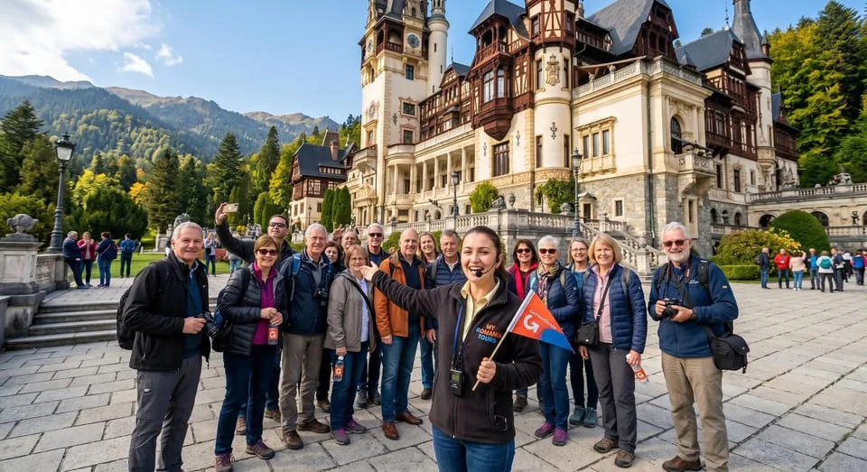 Day trip group at the castle entrance