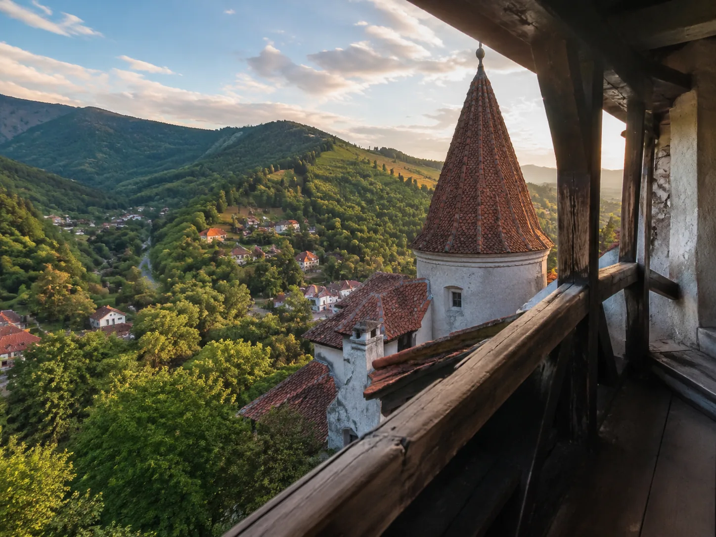 Balcony view from the tower overlooking the Transylvanian landscape
