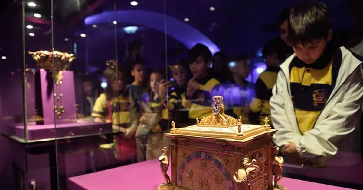 Queen Marie's golden heart reliquary casket on display at Bran Castle