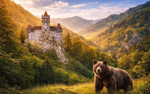 Bear with Bran Castle in background — Bear Sanctuary, Dracula Castle and Râșnov Fortress tour
